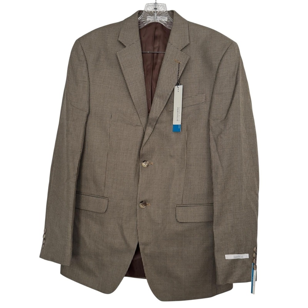 Perry Ellis Blazer Mens 38R Tan Check Polyester Rayon Sport Coat Jacket NWT